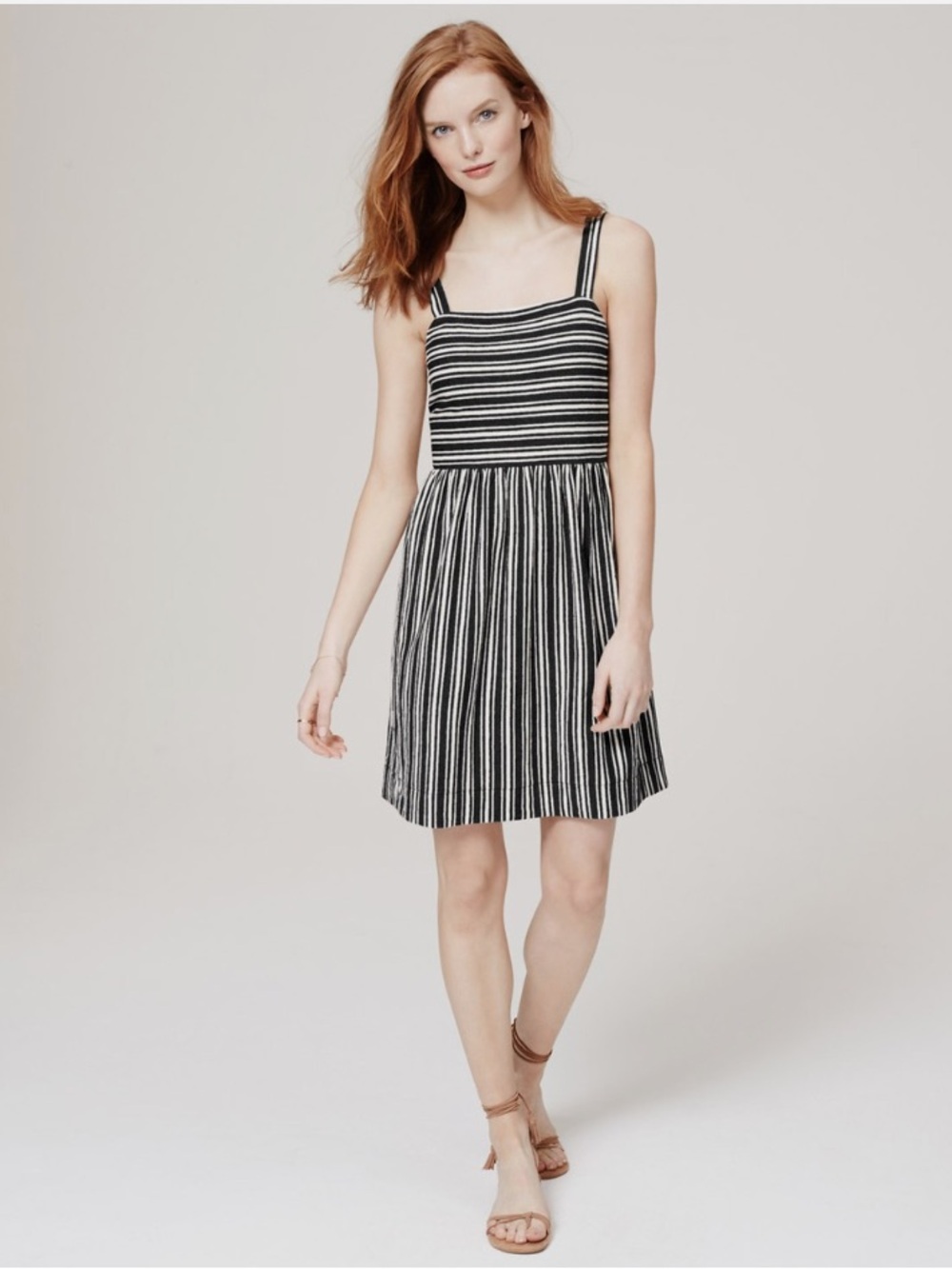 NWT LOFT Black and Off White Striped Square-Neck Mini Summer Dress Small S